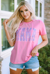 Pink MAMA Leopard Print O-neck Graphic T Shirt